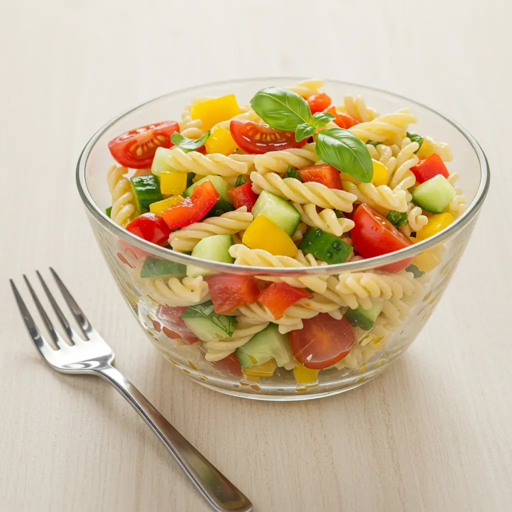 A refreshing ditalini pasta salad with bell peppers, tomatoes, and feta cheese.