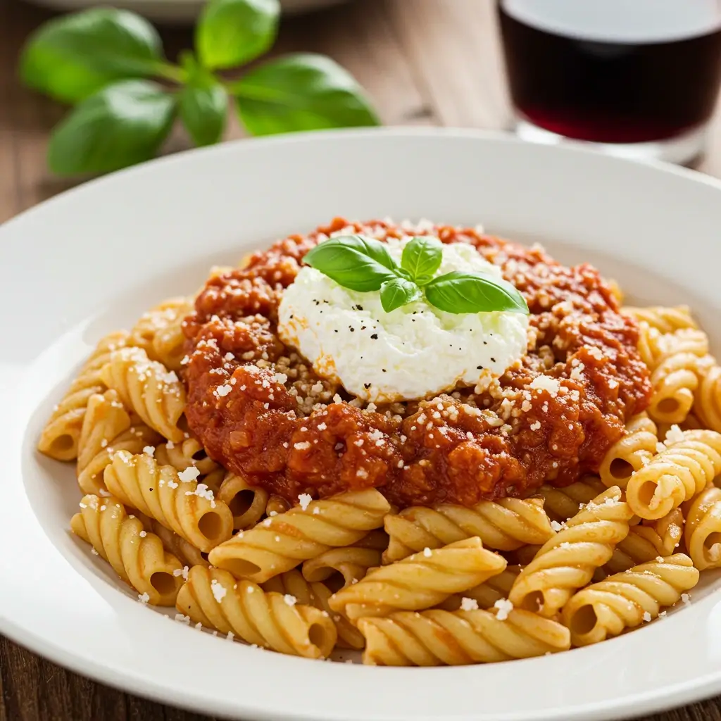 Ditalini pasta in tomato sauce with grated parmesan and ricotta cheese.