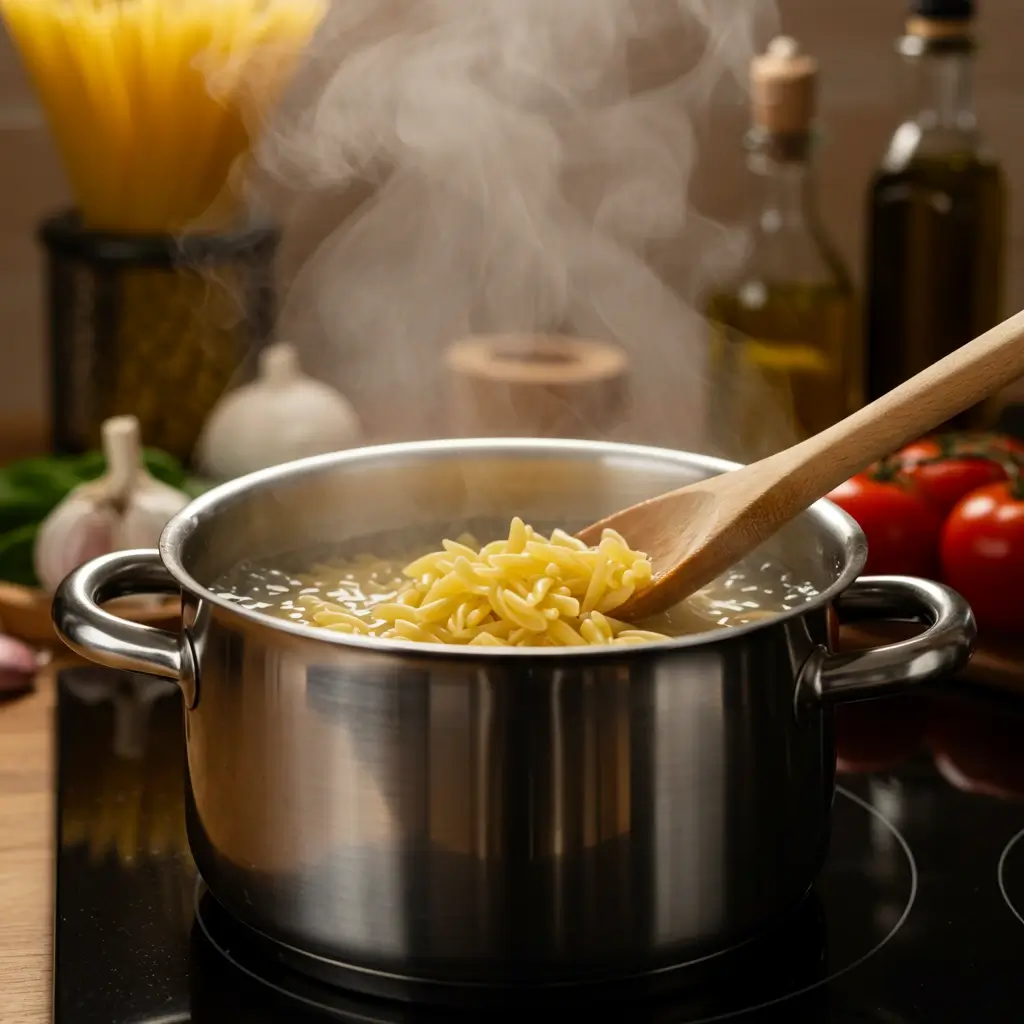 Ditalini pasta cooking in boiling water with steam rising from the pot.