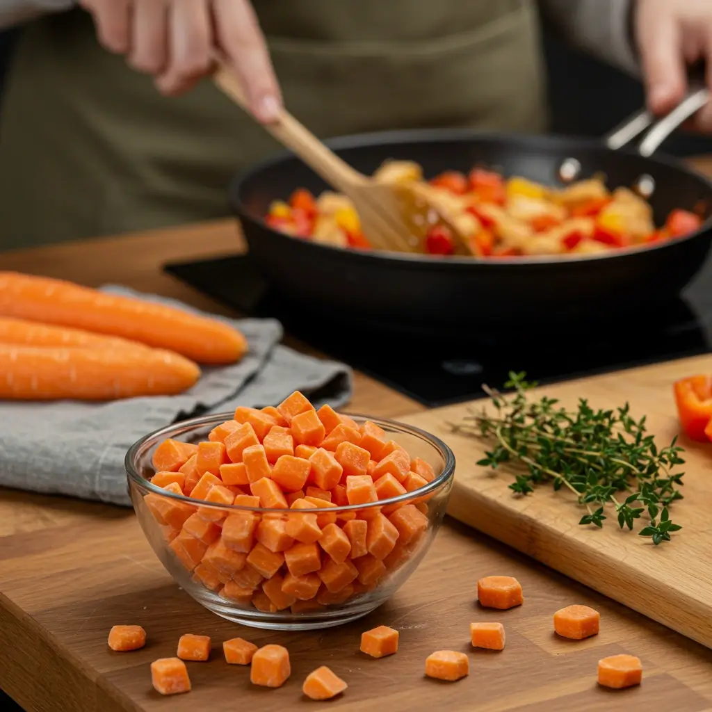 Close-up of a skillet stir-frying diced frozen carrots with chicken and bell peppers in a cozy kitchen setting