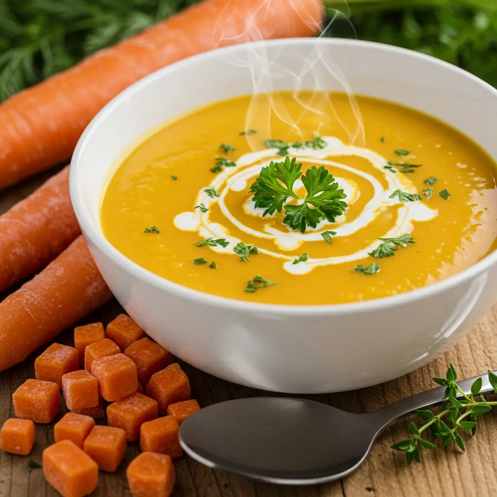 A close-up of creamy carrot soup topped with fresh parsley and a drizzle of cream, with diced frozen carrots around.