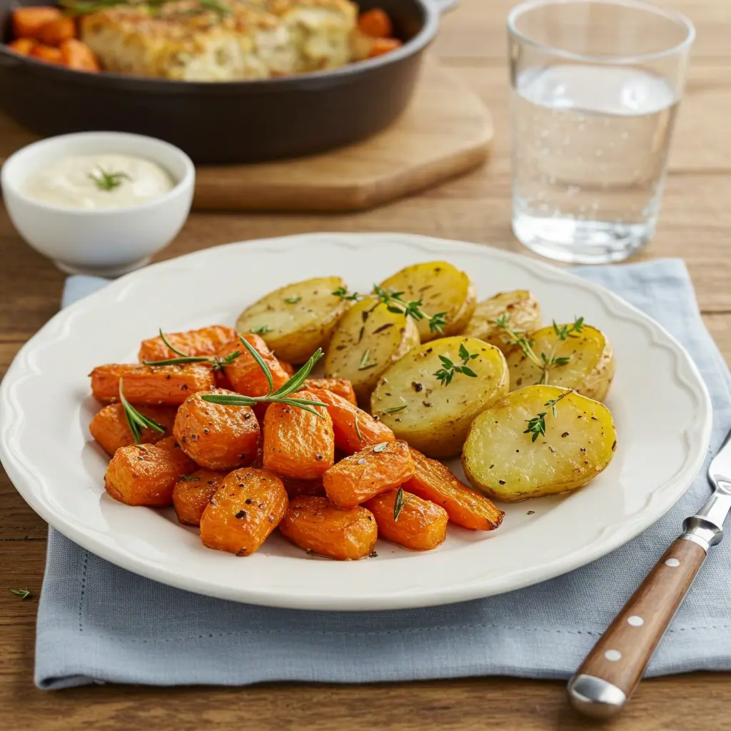 A plate with golden roasted carrots and potatoes, garnished with fresh rosemary and thyme.