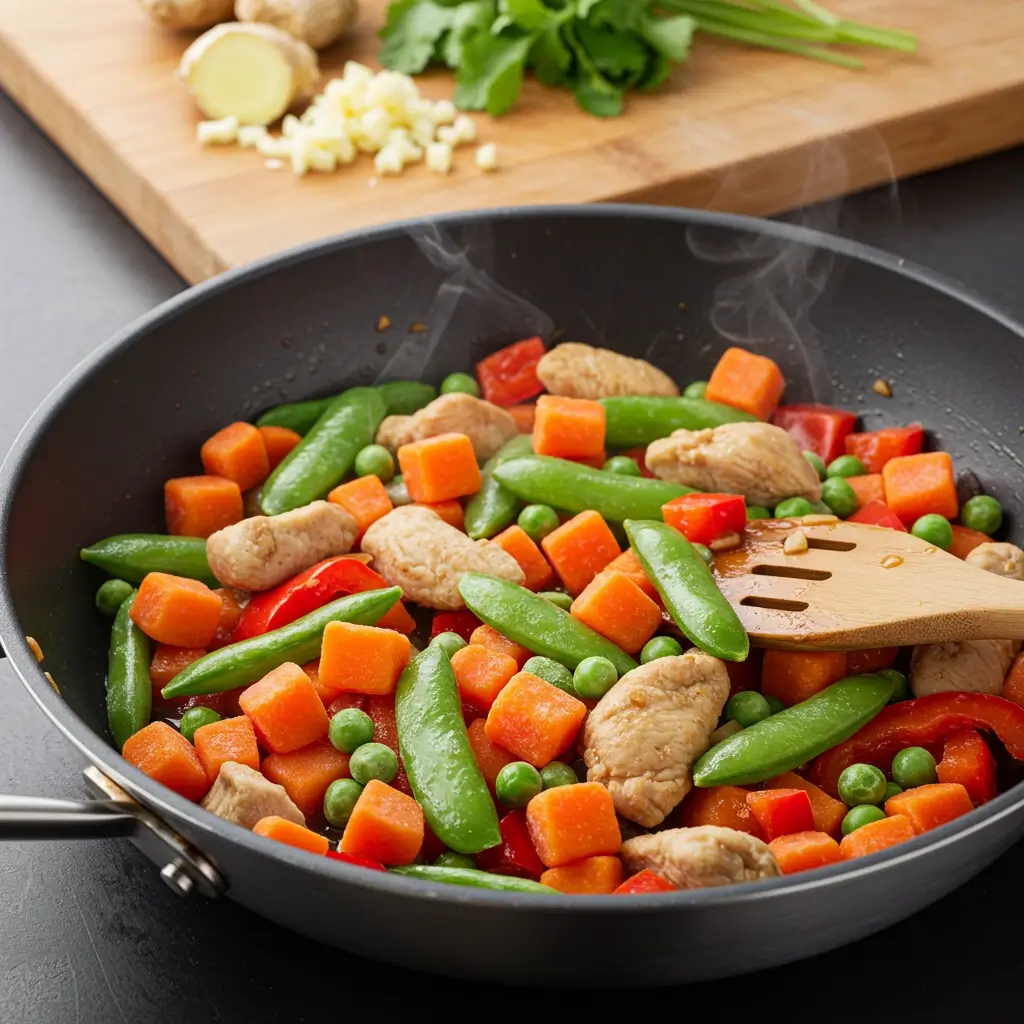 Stir-fry with frozen diced carrots, chicken, and snap peas in a sizzling skillet with ginger and garlic.