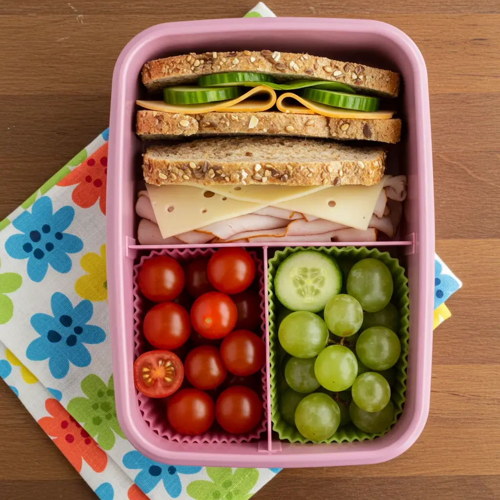  A colorful school lunchbox with a turkey and cheese sandwich, sliced cucumbers, cherry tomatoes, yogurt, and grapes on a wooden table.