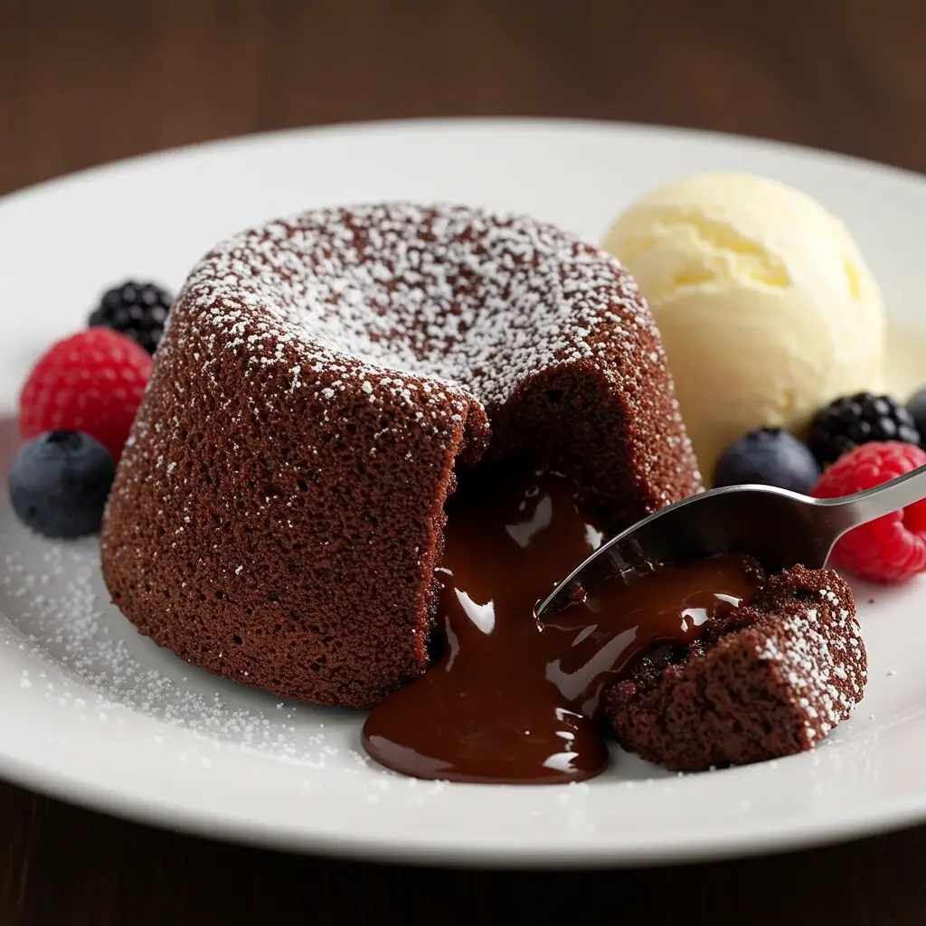 A gooey chocolate lava cake on a white plate, with warm chocolate oozing out, garnished with berries and a scoop of vanilla ice cream.