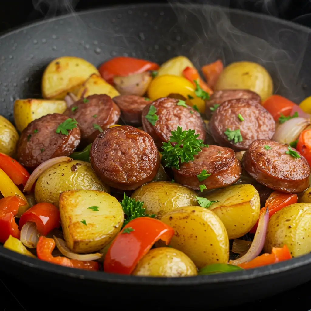 Beef sausage slices with roasted potatoes, bell peppers, and onions in a sizzling skillet.