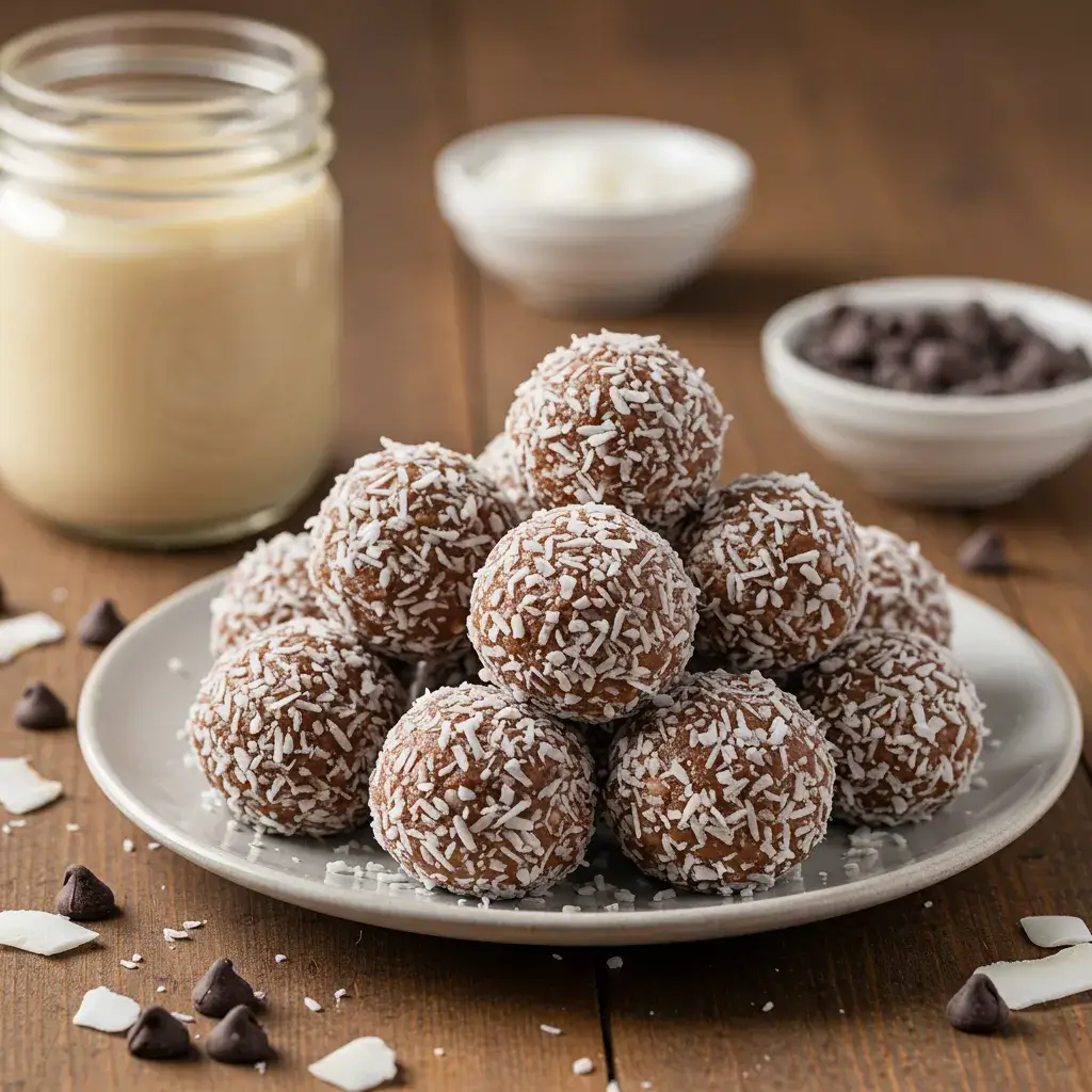 A plate of bite-sized Moose Farts with coconut, chocolate chips, and sweetened condensed milk on a wooden table.