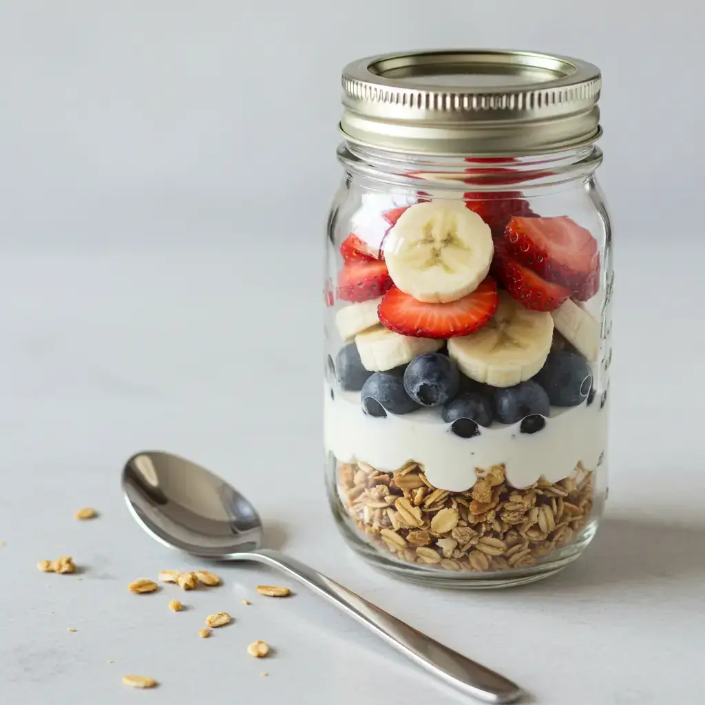 Microwave fruit and yogurt parfait in a mason jar with granola and berries