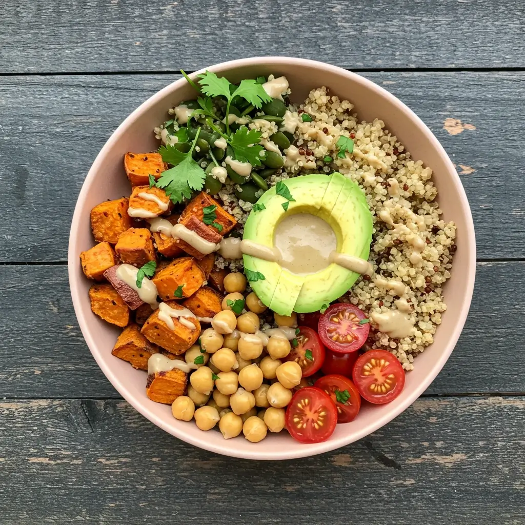 A vibrant power bowl filled with quinoa, avocado slices, roasted sweet potatoes, cherry tomatoes, and chickpeas, topped with tahini dressing.