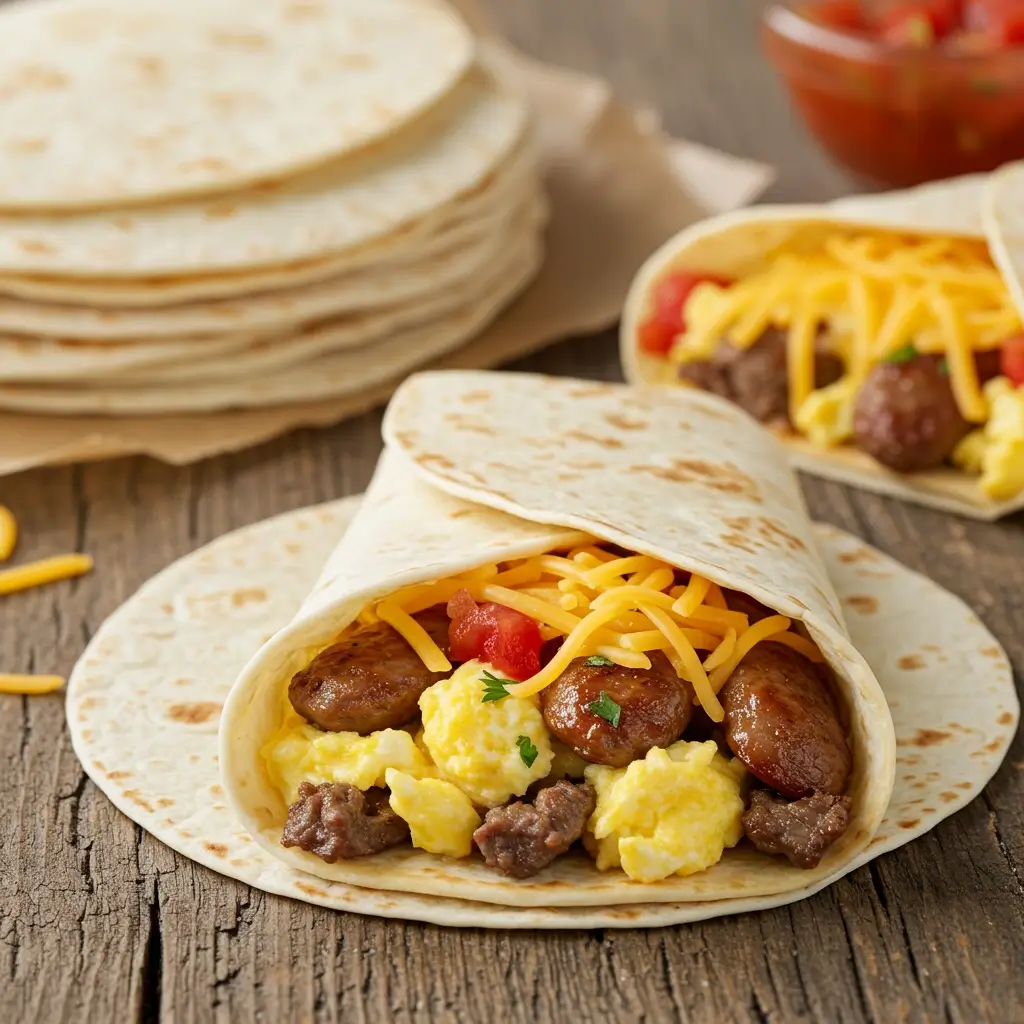 A breakfast burrito filled with beef sausage, scrambled eggs, and melted cheese, wrapped in a tortilla.