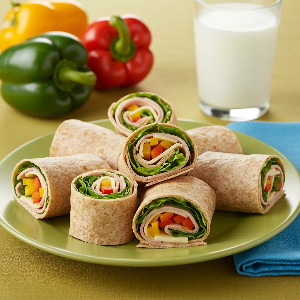 A plate of turkey and veggie wraps cut into bite-sized pinwheels, served on a colorful plate with a glass of milk in the background.