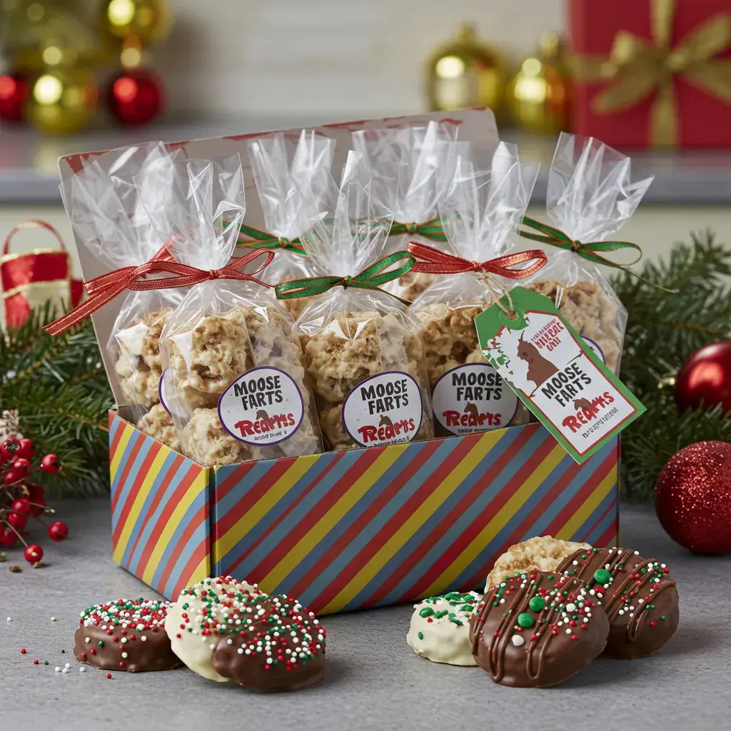 A holiday gift box filled with wrapped Moose Farts treats, decorated with ribbon and a gift tag