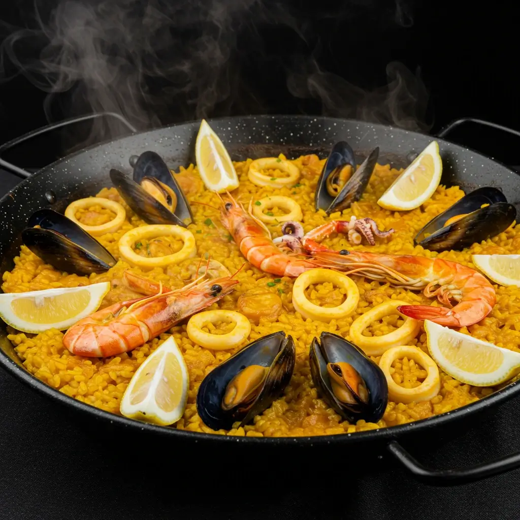 A traditional Spanish paella pan filled with saffron-infused rice, shrimp, mussels, and squid, topped with fresh herbs and lemon slices.