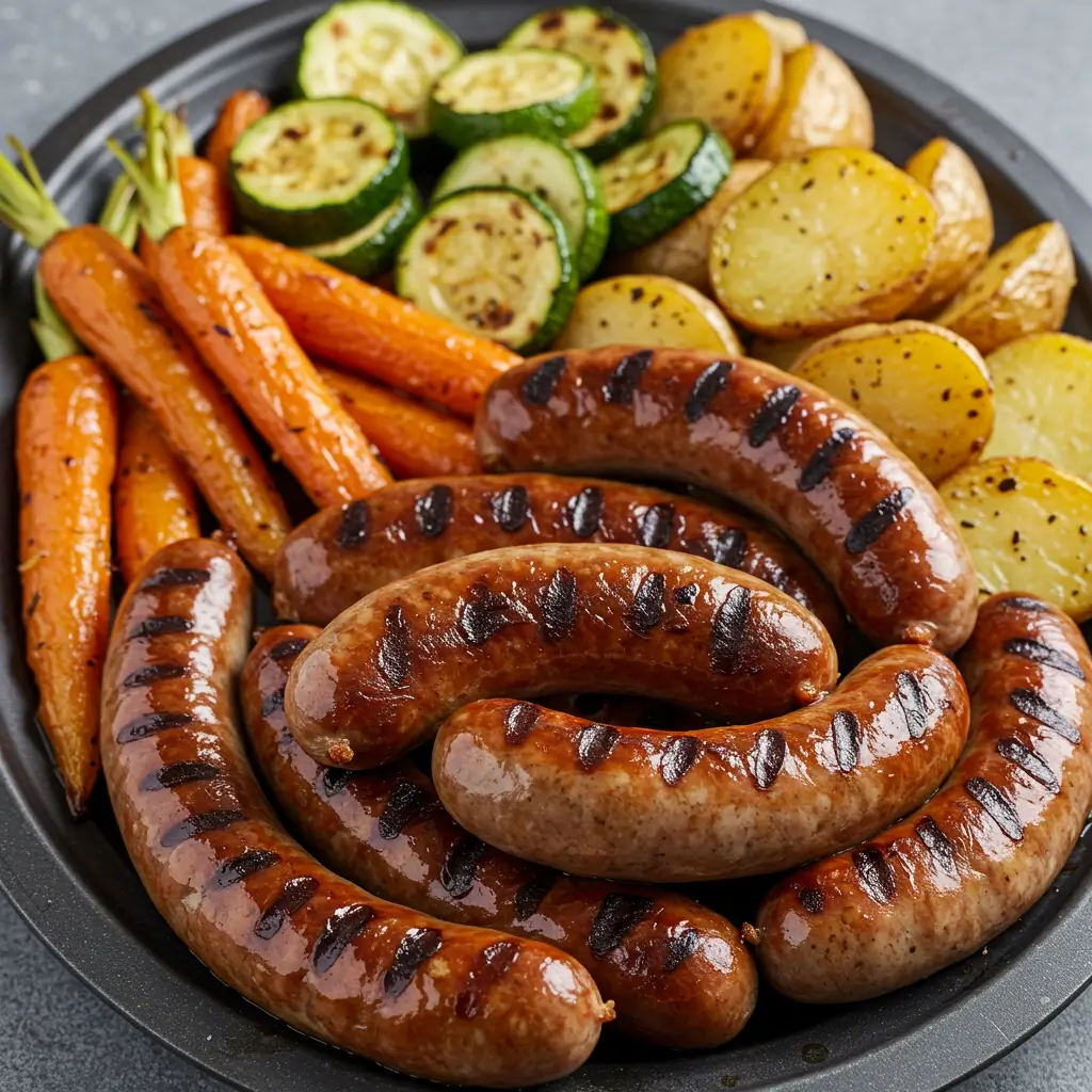 Grilled beef sausages with roasted vegetables like carrots, zucchini, and potatoes on a serving platter.