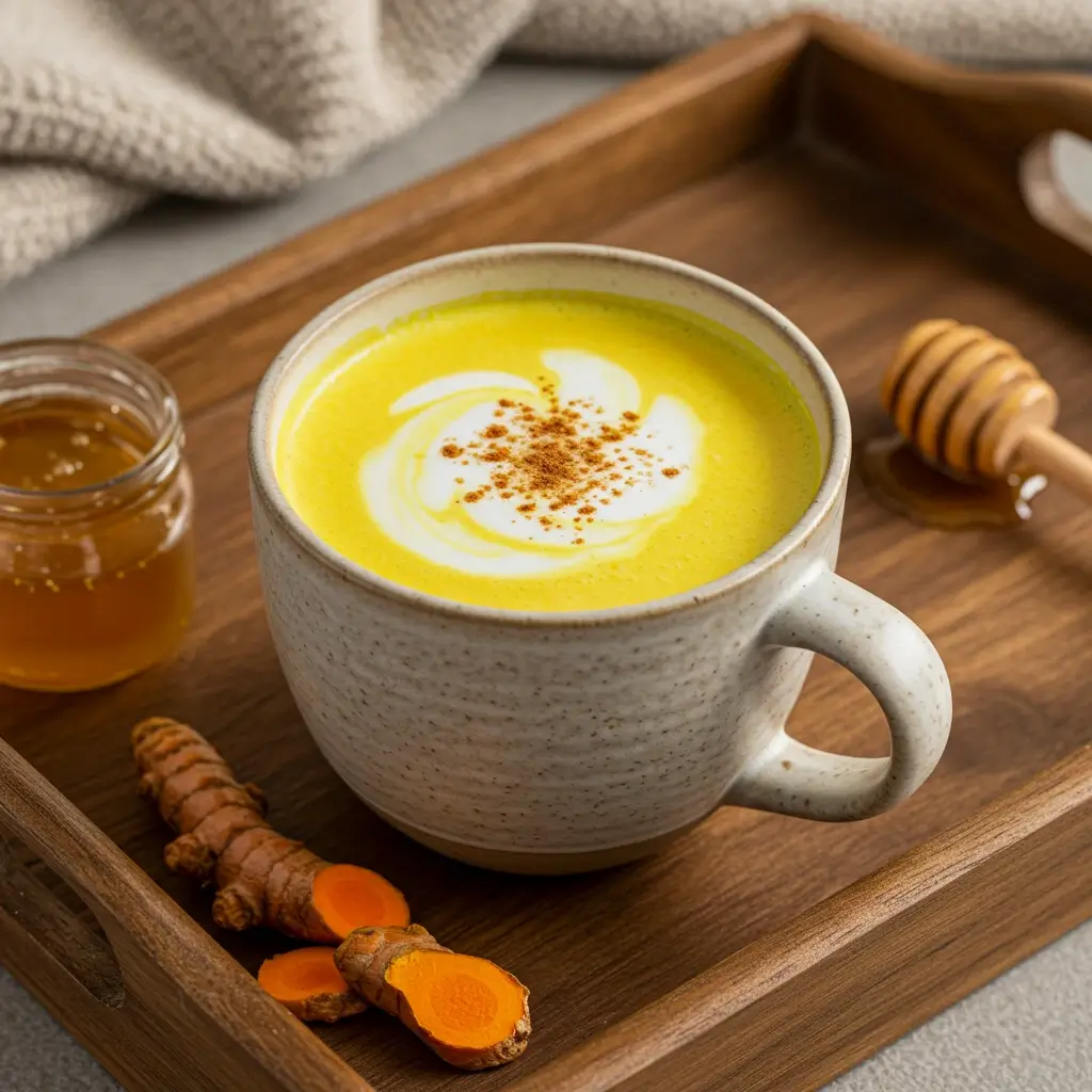 A steaming cup of golden turmeric latte in a ceramic mug, sprinkled with cinnamon and surrounded by fresh turmeric root and a honey dipper.