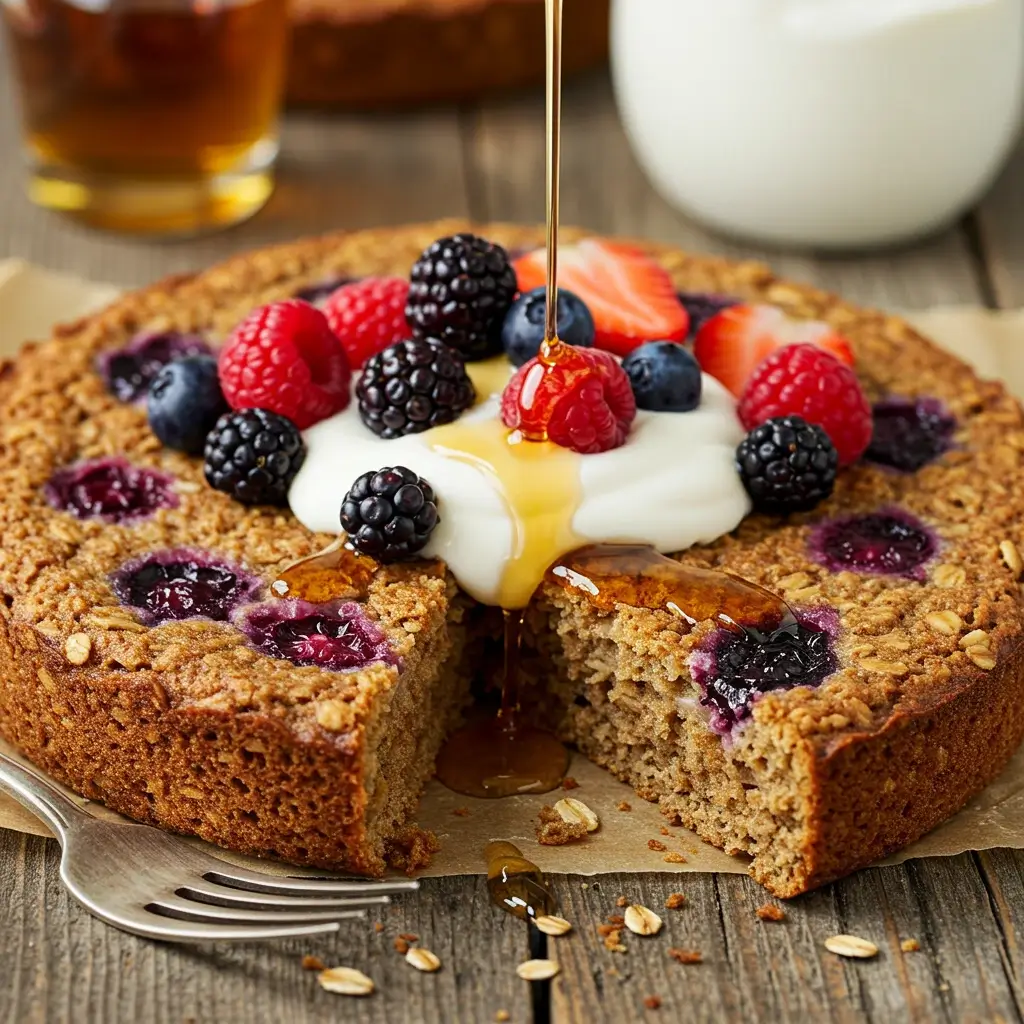 Vegan oat cake with fresh berries, maple syrup, and vegan yogurt on a wooden table.