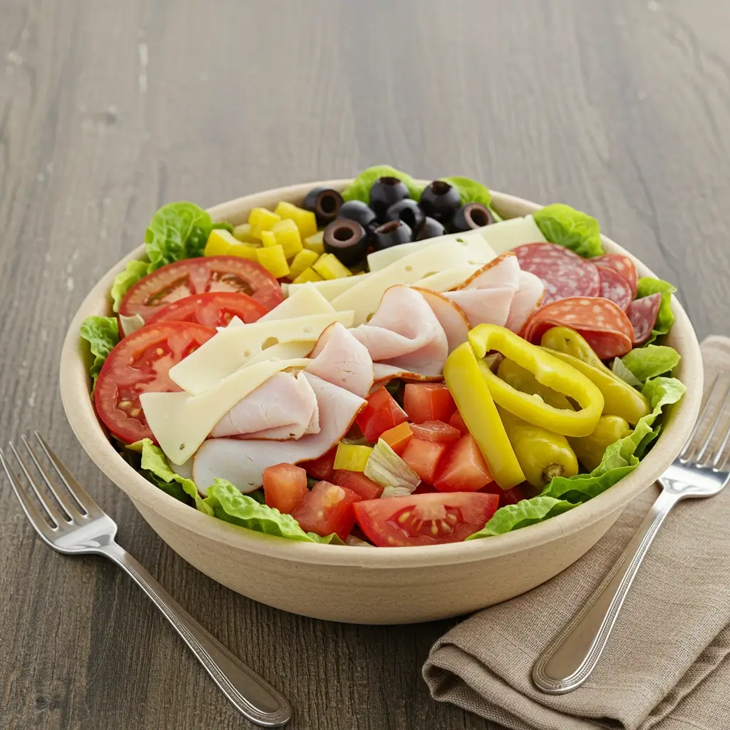 A bowl filled with fresh lettuce, turkey, salami, provolone cheese, tomatoes, olives, and banana peppers, topped with Italian dressing on a rustic wooden table.