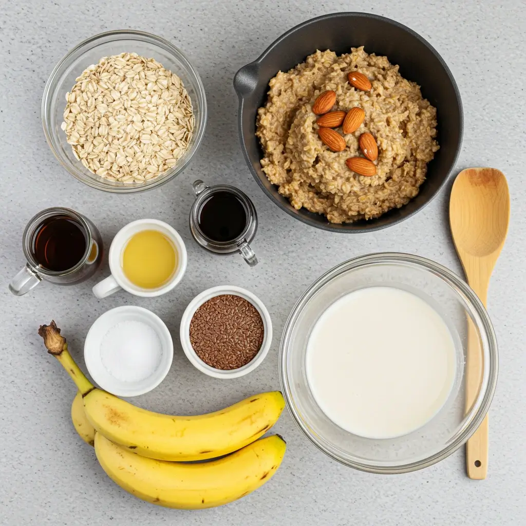 Ingredients for vegan oat cake laid out on a kitchen countertop.