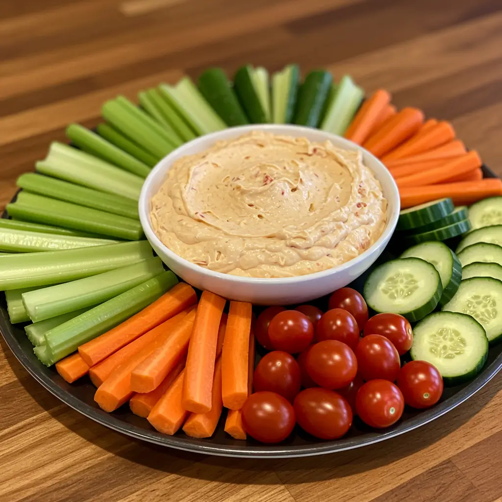 A bowl of pimento cheese dip with fresh vegetable sticks, including celery, carrots, cherry tomatoes, and cucumbers, on a rustic kitchen counter.