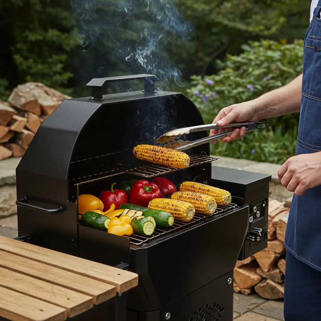 Chef grilling vegetables on a pellet grill in a modern backyard.