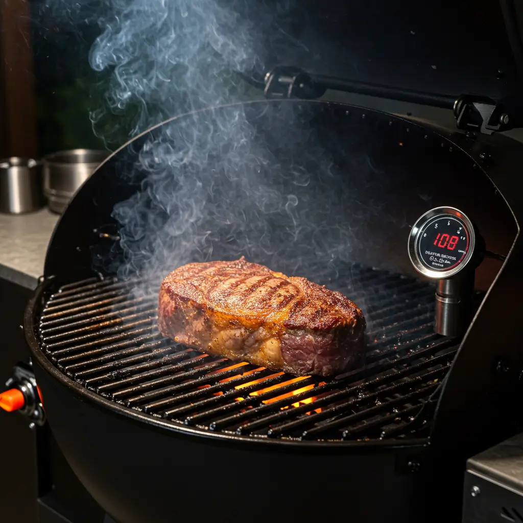 Reverse seared steak on a pellet grill, showing golden crust and smoke.