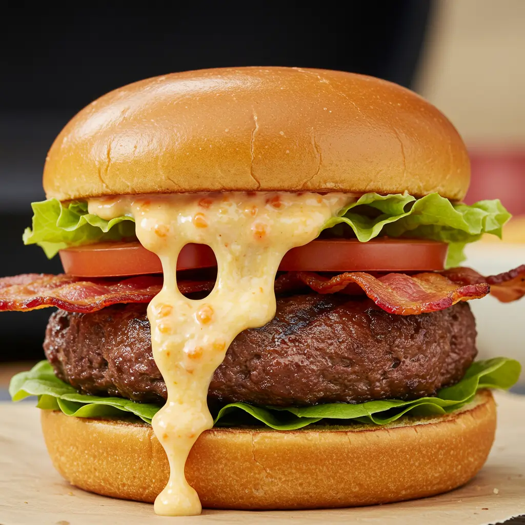 A grilled beef burger with melted pimento cheese, crispy bacon, lettuce, and tomato in a toasted brioche bun, served on a wooden plate.