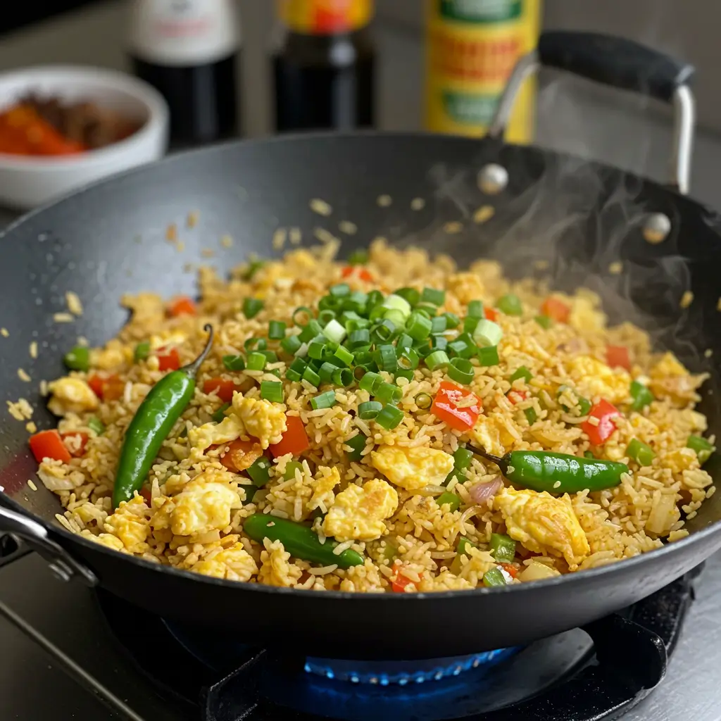 Close-up shot of Anjappar-style egg fried rice in a wok with scrambled eggs, vegetables, and green chilies.