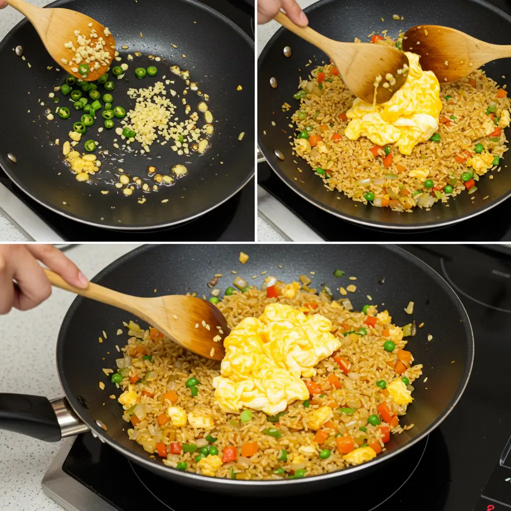 Step-by-step image of cooking egg fried rice, showing garlic, green chilies, scrambled eggs, and rice in a wok.