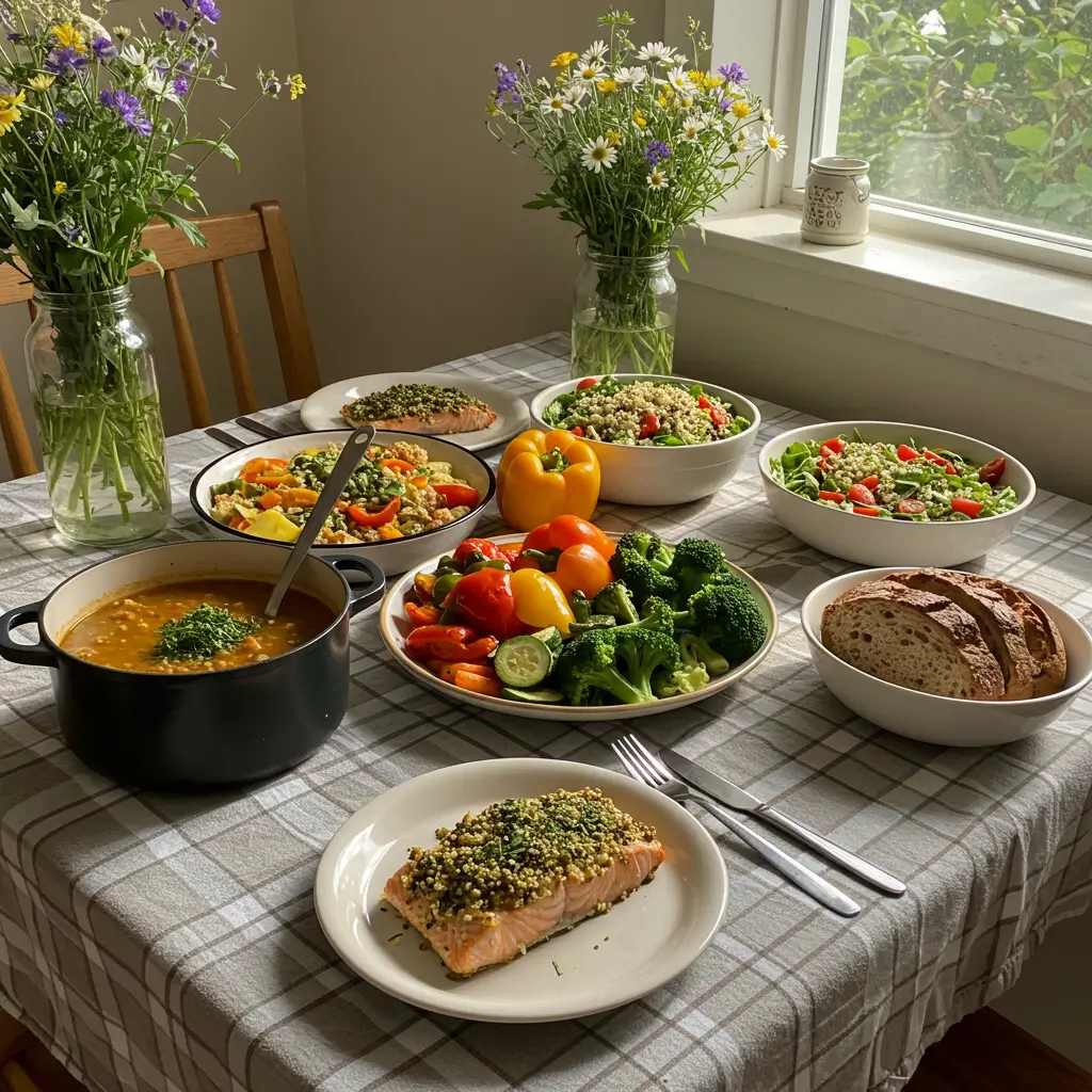 Family of four enjoying a healthy, home-cooked dinner together at the table.