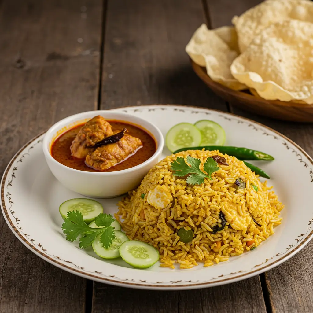 Anjappar-style egg fried rice served with spicy chicken gravy and garnished with coriander and chilies.