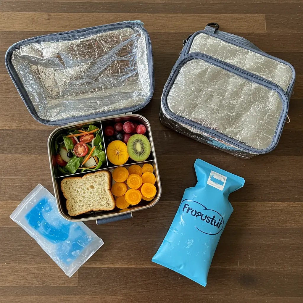 A school lunchbox filled with fresh salads, fruits, and sandwiches, kept cool with ice packs, placed next to an insulated bag for a well-preserved meal.