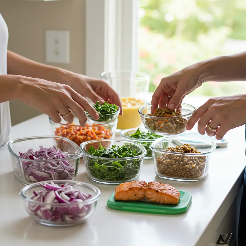 Fresh ingredients and meal prep containers filled with healthy meals for the week.