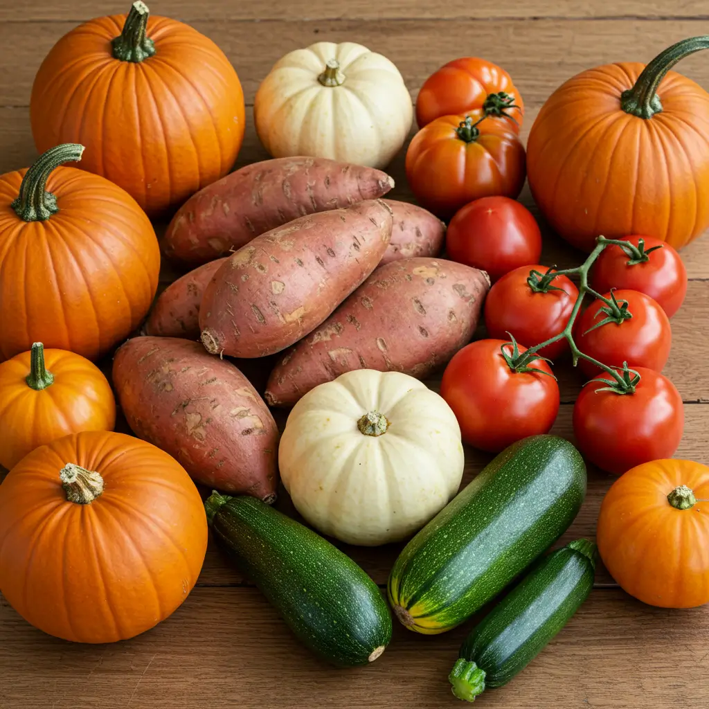 Seasonal vegetables like pumpkins, tomatoes, and zucchini on a wooden table.