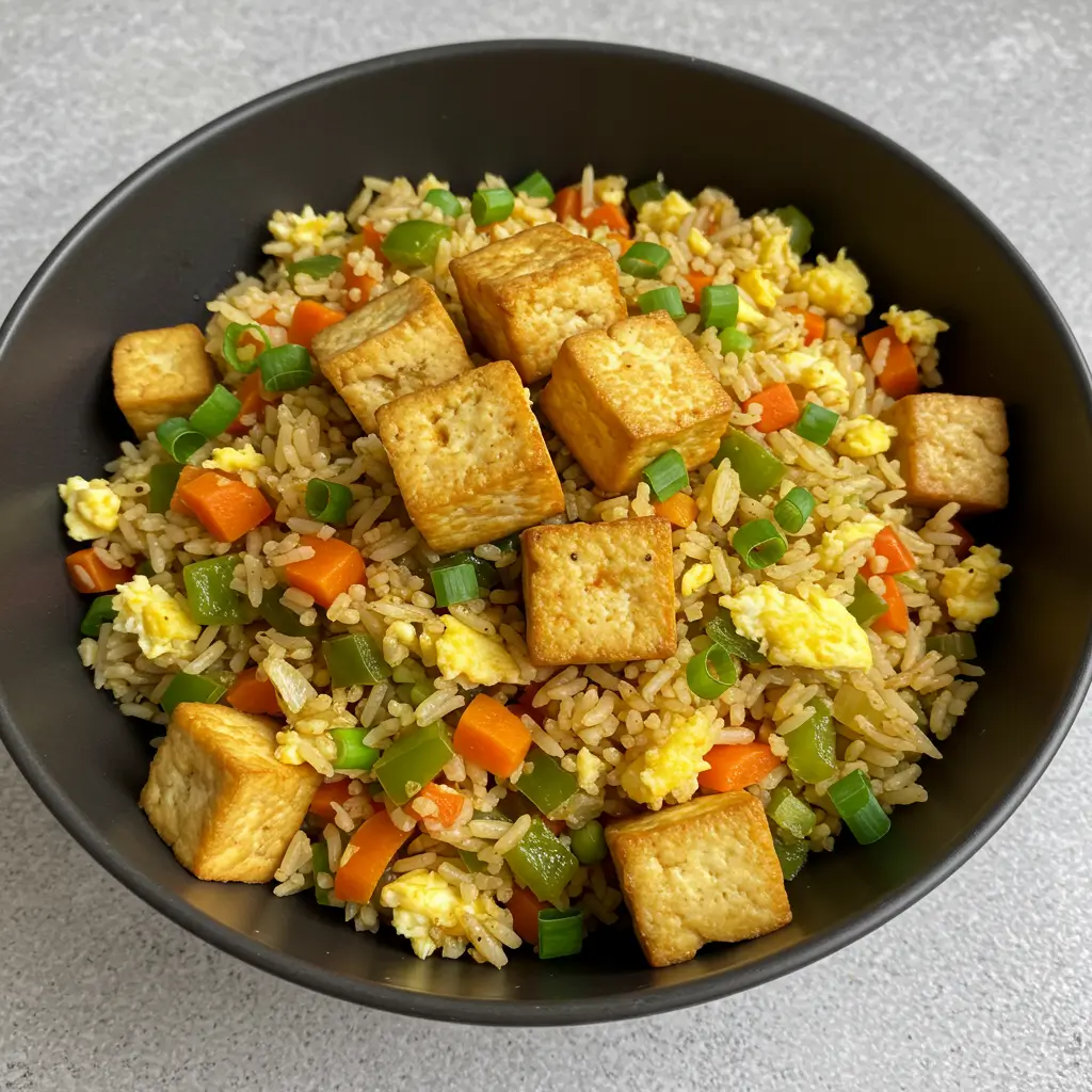 Vegetarian Anjappar-style egg fried rice with crispy tofu cubes and colorful vegetables.