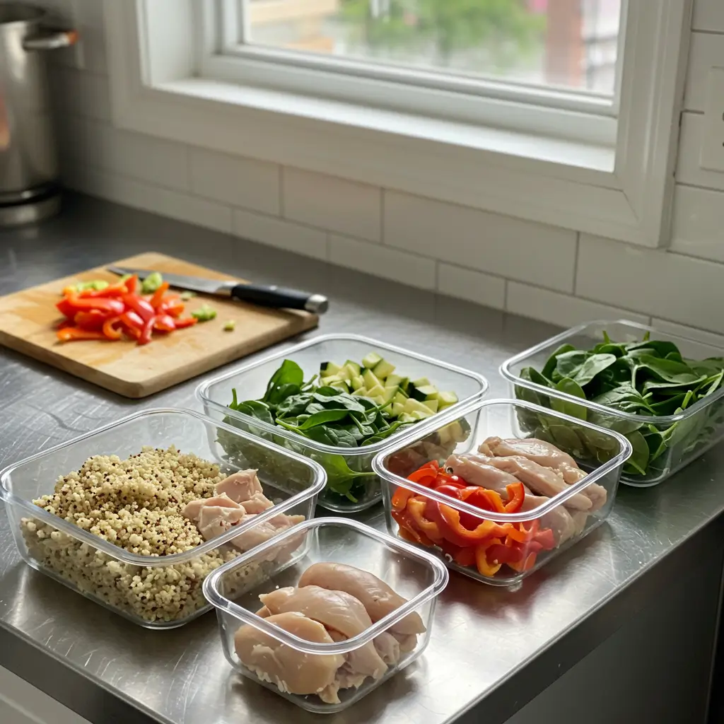 A kitchen meal prep station with labeled containers of grains, proteins, and fresh vegetables, neatly organized for a smooth week of healthy eating.