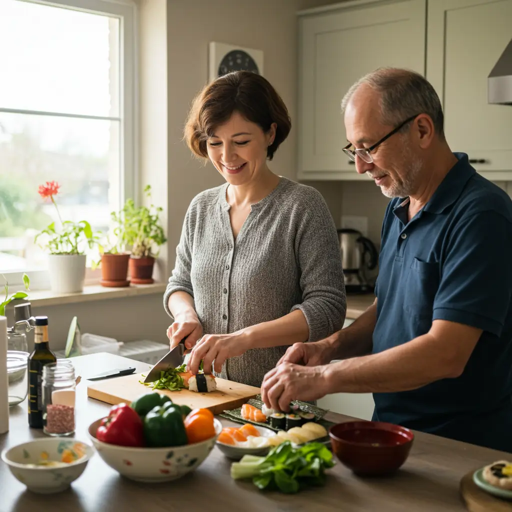 Parent cooking together in the kitchen, preparing a healthy meal.