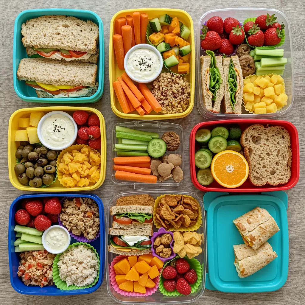 A neatly packed bento-style lunchbox featuring sandwiches, wraps, fresh veggie sticks with dip, fruit cups, and small portions of grains and protein, all arranged in colorful containers