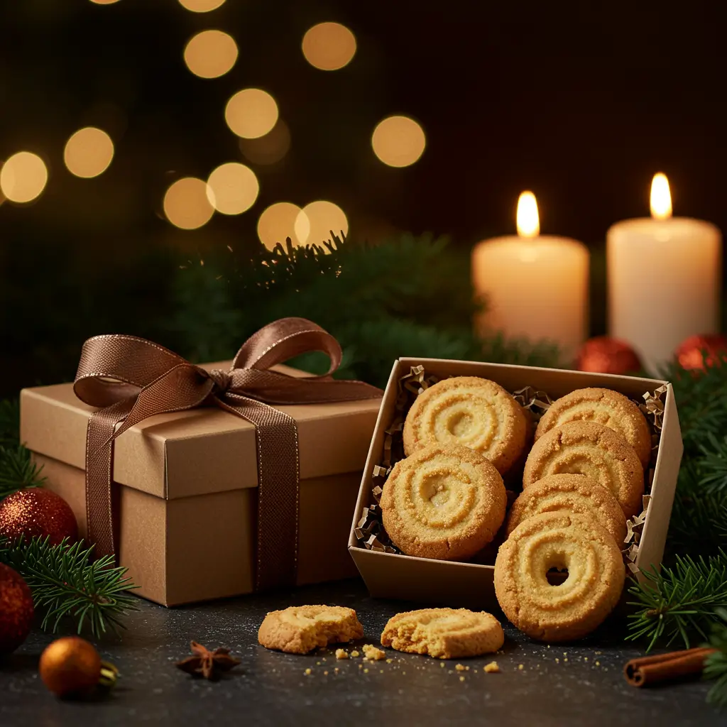 A holiday gift box filled with Ricciarelli Honey cookies, decorated with ribbon and placed in a festive setting.