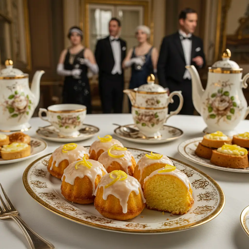 A 1920s tea table with lemon cakes on a vintage china platter, topped with glaze and candied lemon peel, set in a grand tea room with elegantly dressed guests.