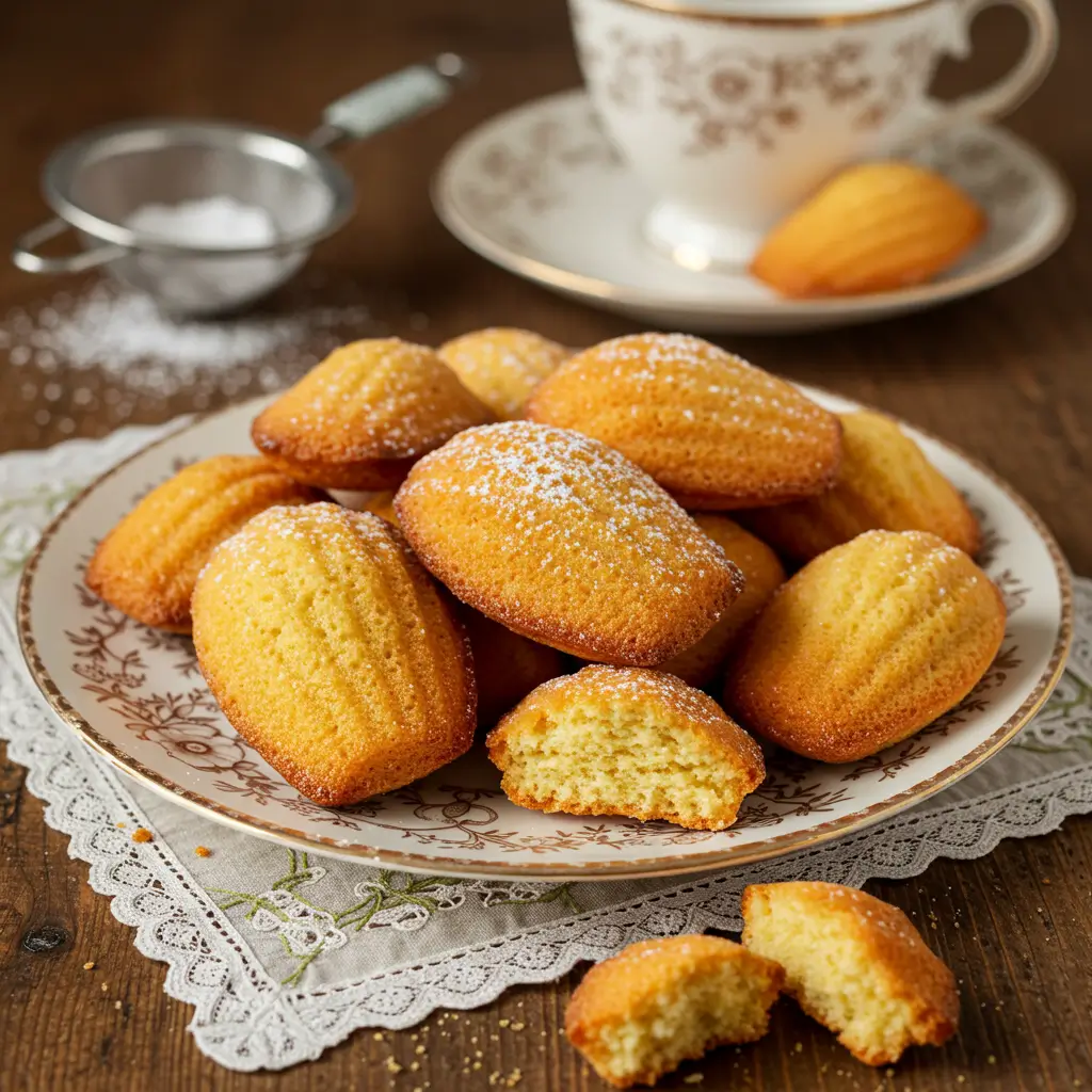 A close-up of classic madeleine cookies dusted with powdered sugar on a plate, accompanied by a cup of tea.