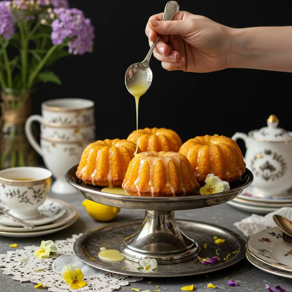 A baker’s hands drizzling glossy lemon glaze over golden lemon cakes on a silver cake stand, surrounded by vintage décor like lace doilies and fine china.