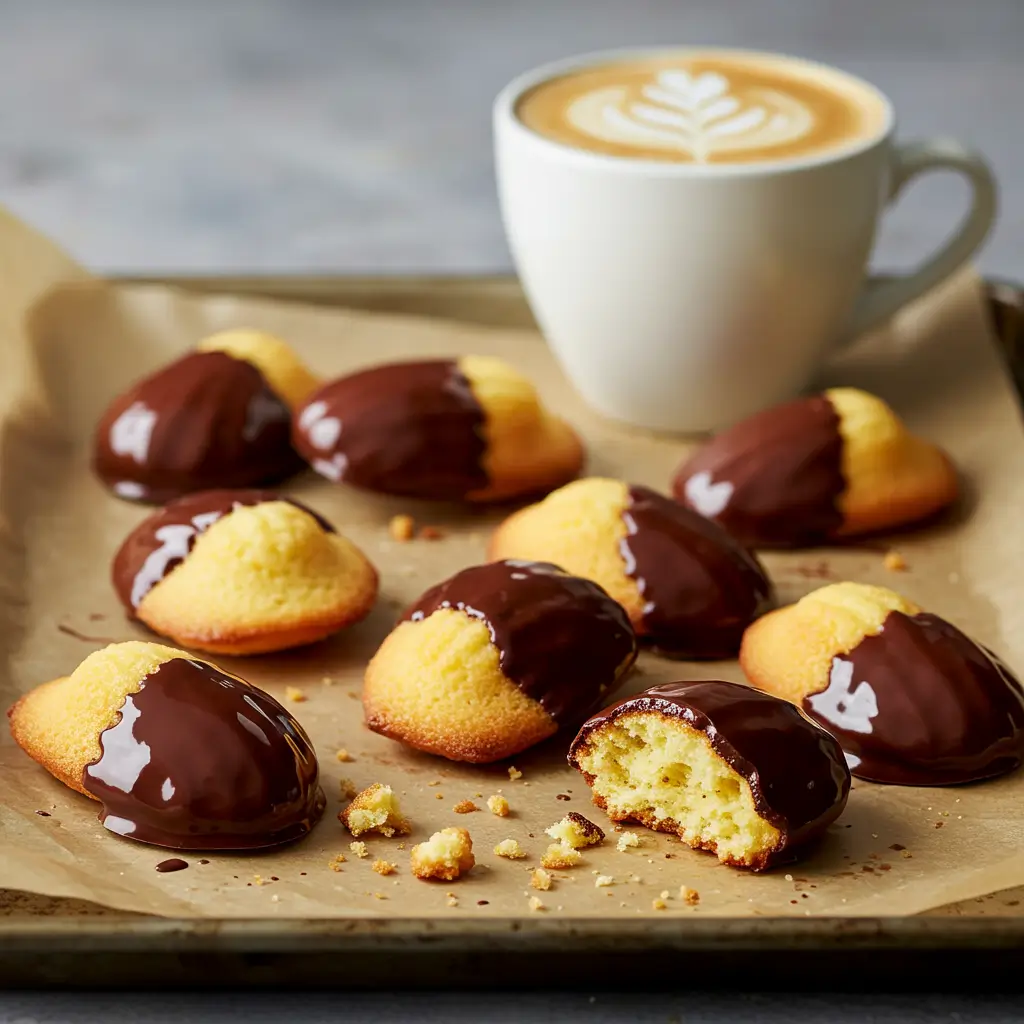 A tray of madeleine cookies with one half dipped in dark chocolate, served with a cup of cappuccino.