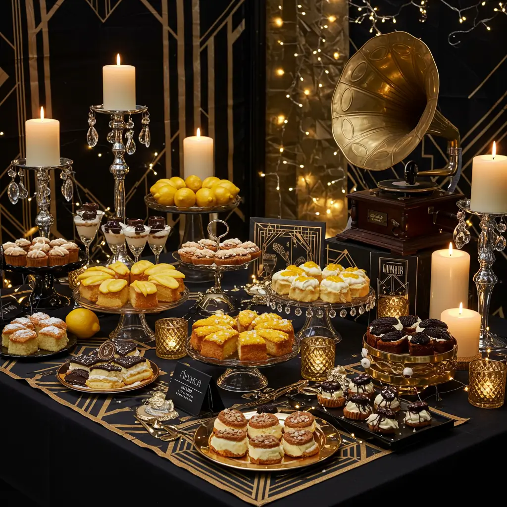 A lavish 1920s dessert table with lemon cakes, petit fours, and sponge cakes, decorated with Art Deco patterns, gold accents, crystal glassware, and a gramophone.