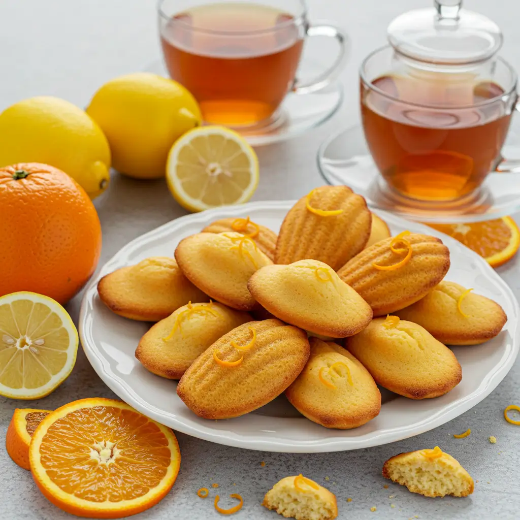 Madeleines flavored with lemon and orange zest, served with slices of citrus and a cup of Earl Grey tea.