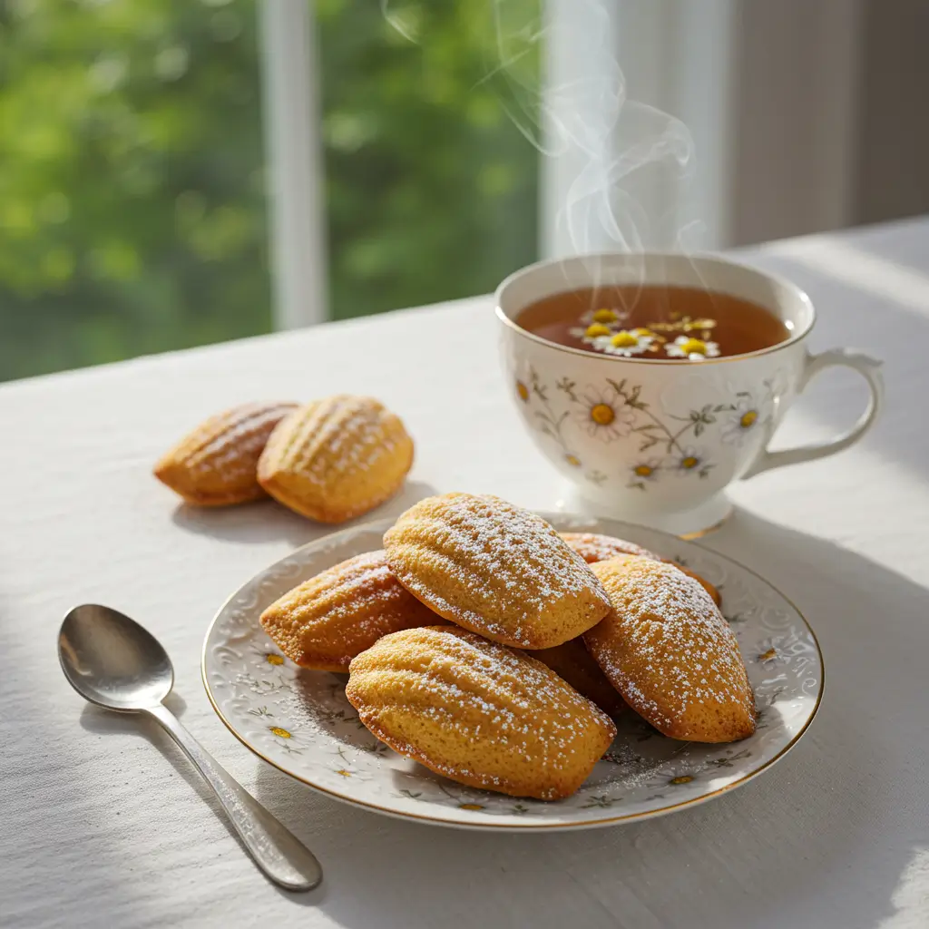 Madeleine cookies dusted with powdered sugar, served with chamomile tea in a peaceful setting.