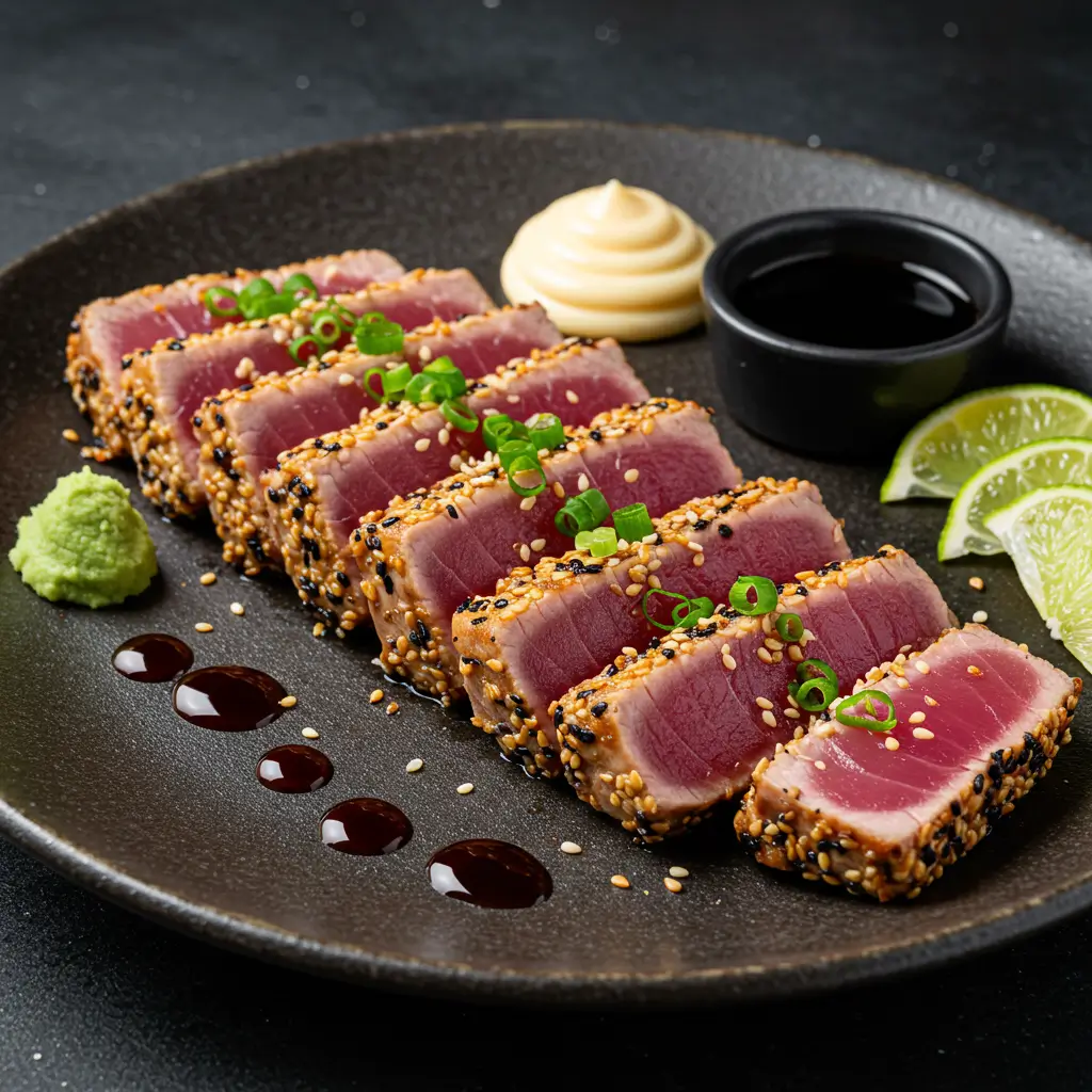 Seared ahi tuna steak with a golden sesame crust, sliced and arranged on a plate with soy sauce, wasabi mayo, and lime wedges.