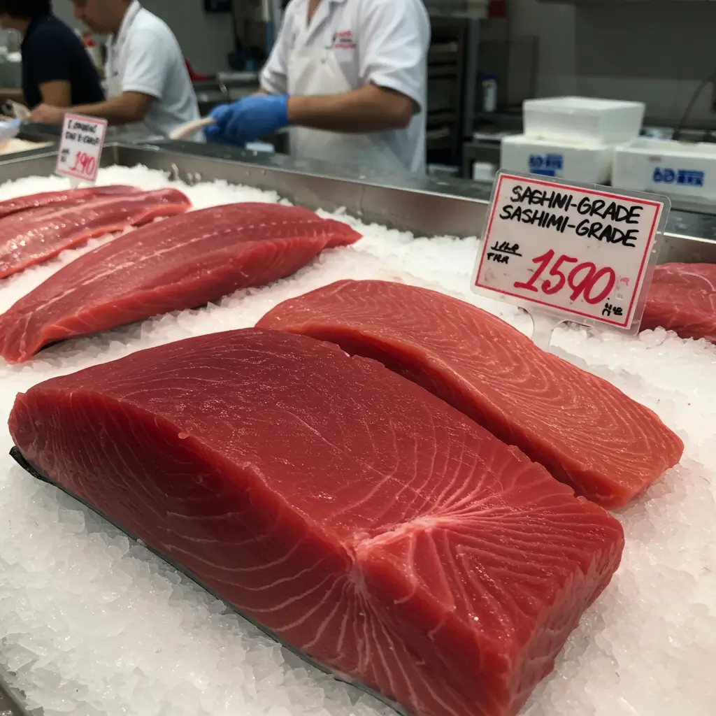 Fresh sashimi-grade ahi tuna fillets with deep red color and firm texture, displayed on ice at a seafood market.