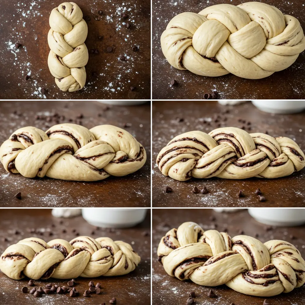 Step-by-step guide braiding chocolate chip brioche dough in a cozy kitchen.