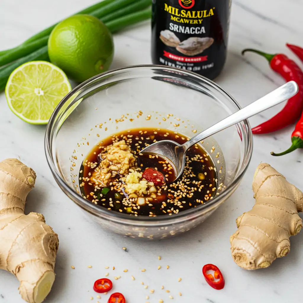 A small bowl of ahi tuna marinade with soy sauce, sesame oil, ginger, garlic, and sriracha, surrounded by fresh ingredients.