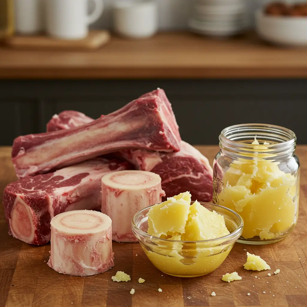 Marrow bones, knuckle bones, and rendered beef tallow on a wooden cutting board.